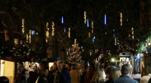 Evening Christmas lights at St Nicholas Christmas fair in York