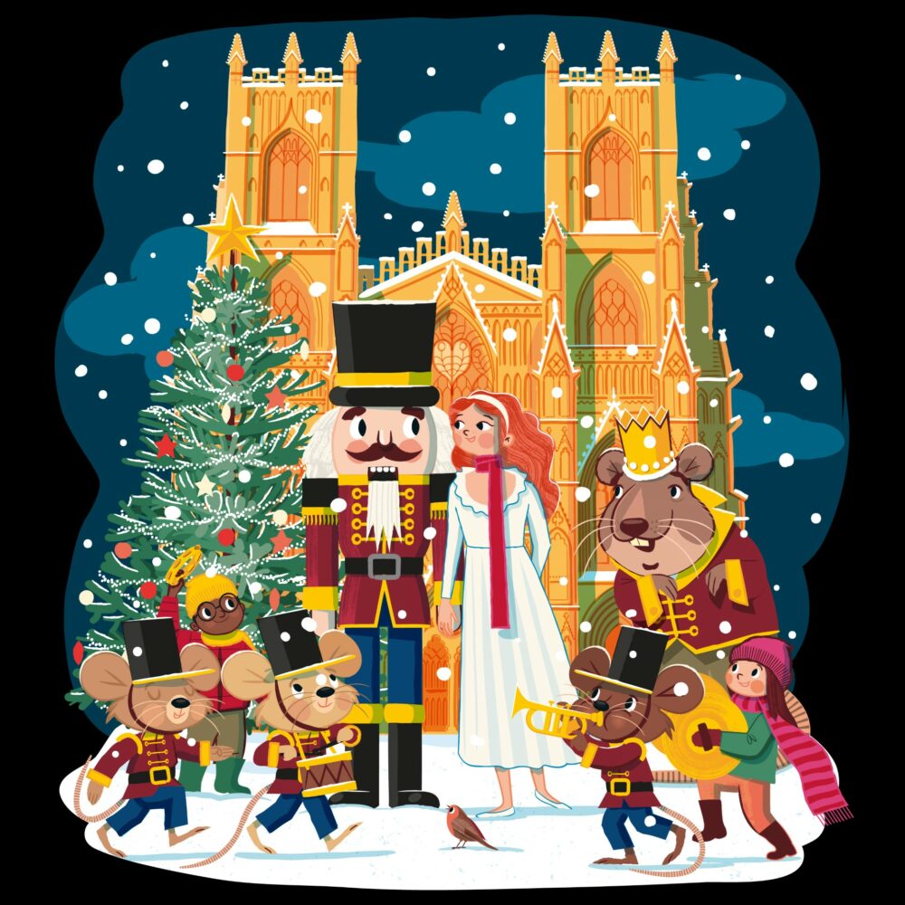 Cartoon of the Nutcracker doll, mice soldiers and other Nutcracker characters in front of a Christmassy York Minster with snow falling
